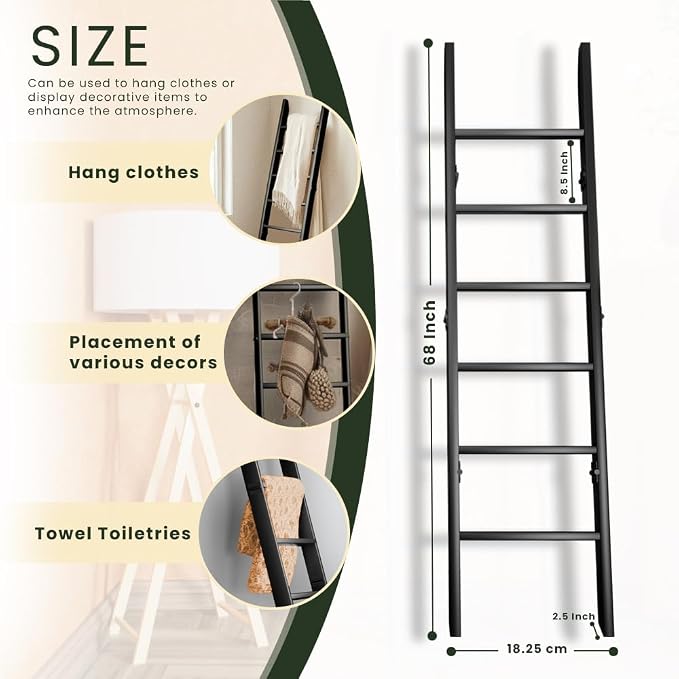 Wooden Blanket Ladder for Living Room 6-Tier, Decorative Ladder Blanket Rack & Quilt Ladder Decor with Removable Hooks, Farmhouse Wood Ladder, Easy Assembly, Anti-Slip Sturdy Blanket Holder, 68 Inch.