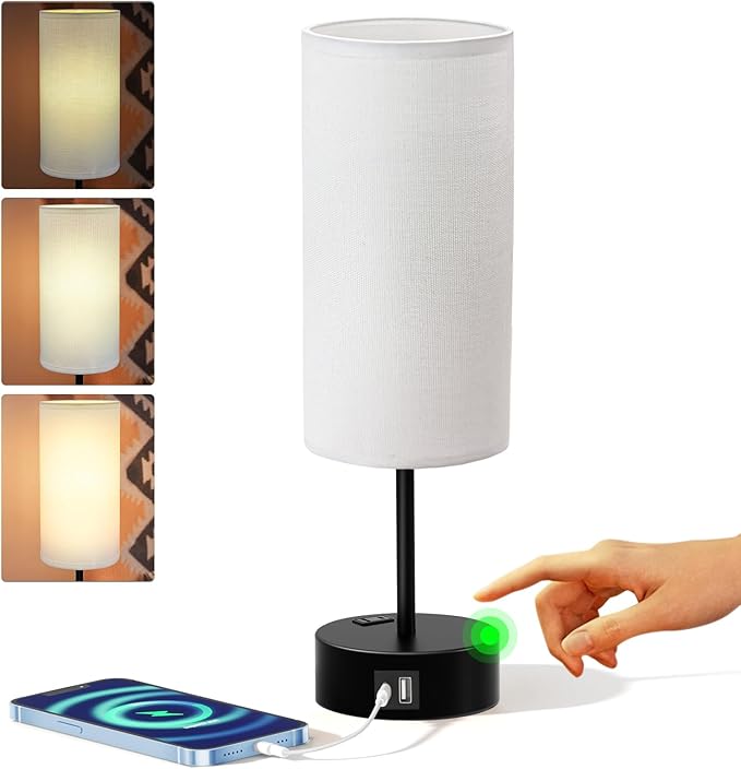 KPQ Bedside Lamp Touch Control Table Lamp with USB A+C Charging Ports & AC Outlet 3-Way Dimmable Nightstand Lamp with Linen Fabric Shade (White Shade-Black Base, 14" Small Size Touch Control)