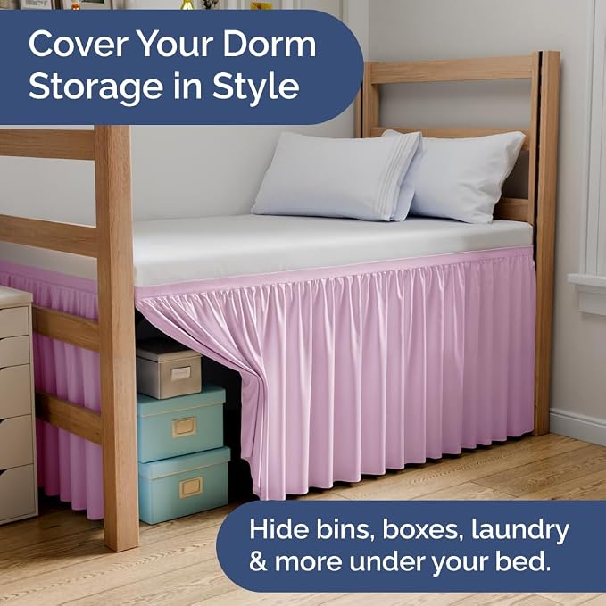 Dorm Room Bed Skirt Full XL - College Dorm Essentials - Light Pink, 30 Inch | Extra Long Dust Ruffled College Bedskirt with Split Corners, Easy Fit Elastic Strap, Adjustable, Fade & Wrinkle Free