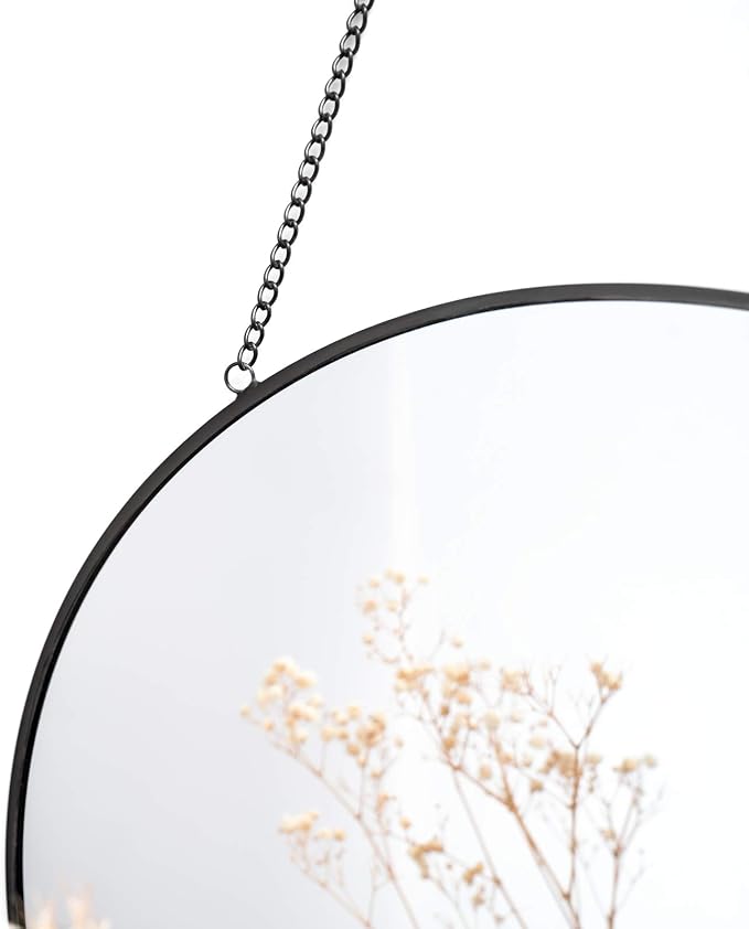 Dahey 11.8" Small Circle Round Office Wall Hanging Mirror with Chain, Black | Anti-Scratch Velvet Back, Easy to Hang, Metal Frame, Nordic Minimalist Boho Wall Decor, for Bathroom Bedroom Living Room Dorm