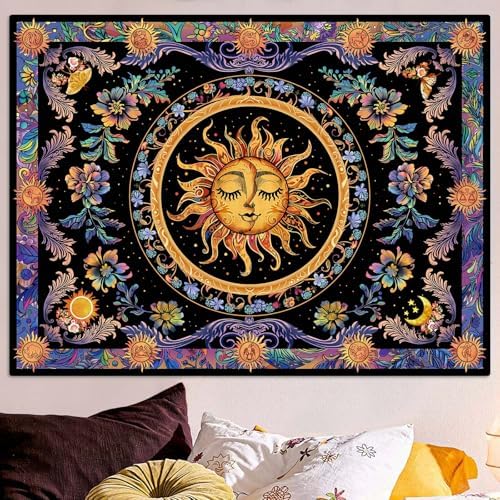 Accnicc Sun and Moon Tapestry Psychedelic Floral Plant Tapestries for Bedroom Aesthetic Hippie Boho Flower Tapestry Wall Hanging for Dorm Living Room (80'' × 60'')