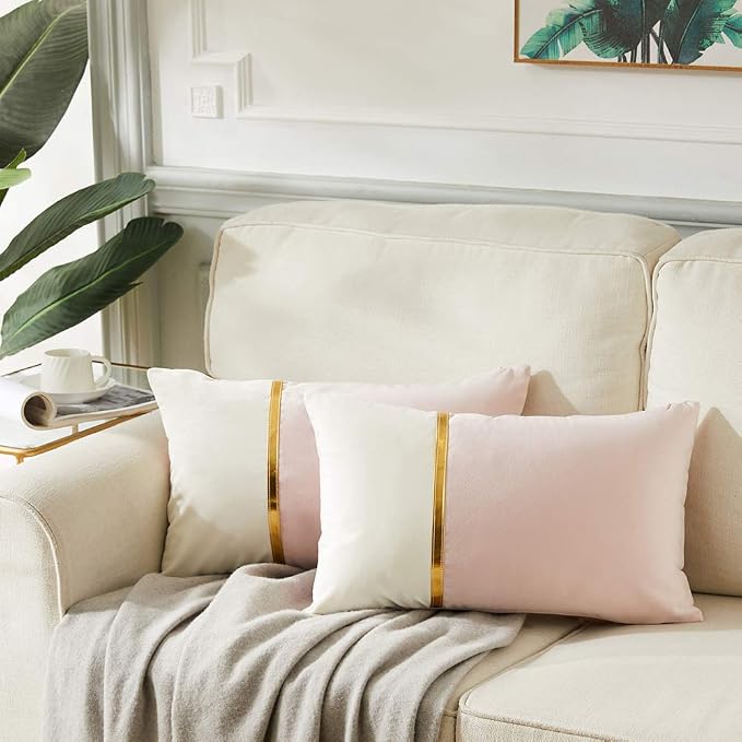Fancy Homi 2 Packs Decorative Throw Pillow Covers 12x20 Inch for Living Room Couch Bed, Blush Pink and White Velvet Patchwork with Gold Leather, Luxury Modern Home Decor, Lumbar Cushion Case 30x50 cm