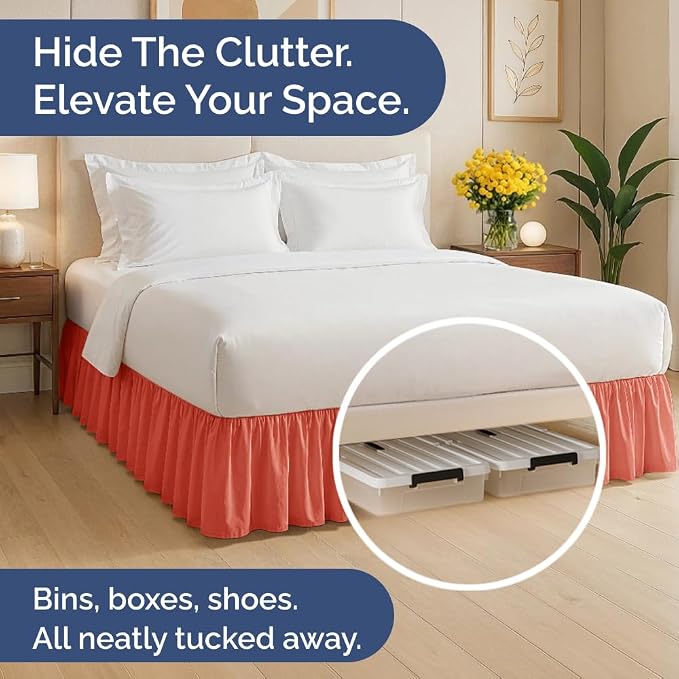 Bedskirt Queen Size Ruffle - Ruffled Bed Skirt - 12 Inch Drop - Coral | Bedskirt with Platform, Ultra-Soft Premium Hotel Quality, Wrinkle Free, Fade & Shrink Resistant, for Women, Men, Kids & Teens