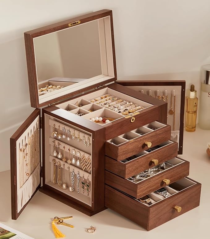 Black Walnut Wooden Jewelry Box for Women, 5 Layer | With Mirror, Lockable Top Lid, Velvet-Lined, Large Wood Jewelry Organizer For Watch Necklace Ring Earring, Gift