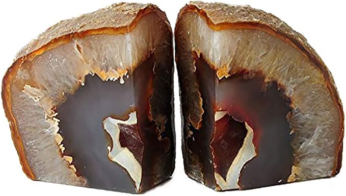AMOYSTONE Agate Book Ends Shelves Decorative Geode Bookend Large Crystal Bookends Quartz Decor Nature Brown with Rubber Bumpers(1 Pair, 4-6 LBS) | Large Polished Stone Book Stoppers Supports Home Office Decor with Rubber Bumpers Natural Brown 1 Pair, 4...