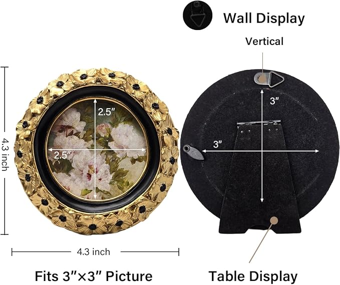 3x3 Vintage Round Picture Frame, Small Antique Gold Frames
