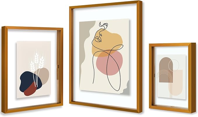 Golden State Art 7 Pack Aluminum Floating Frames Included 5x7 8x10 11x14 | Bronze, One 11x14 Two 8x10 Four 5x7 Frames, Wall Mount Display, Fit for Pictures, Pressed Flowers Any Size up to Frame Size