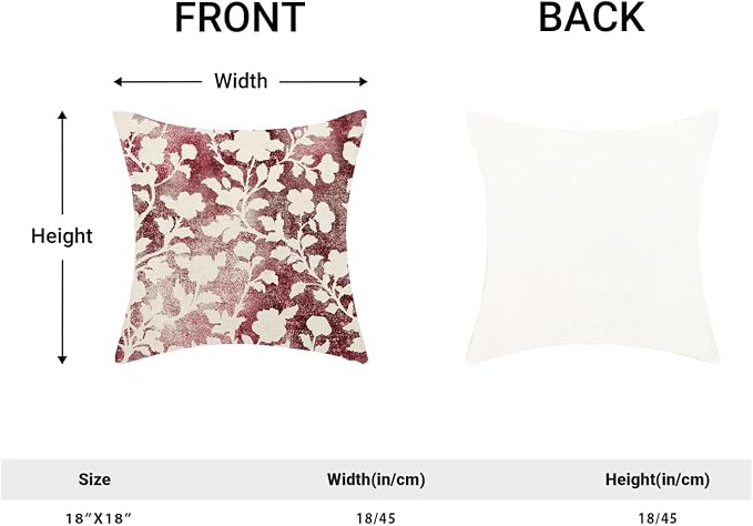 Burgundy Red White Floral Pillow Covers 18x18 Set of 2, Retro Decor Modern Style Abstract Flower Throw Pillows Farmhouse Outdoor Decorative Cushion Case Decorations for Home Couch Sofa Bed