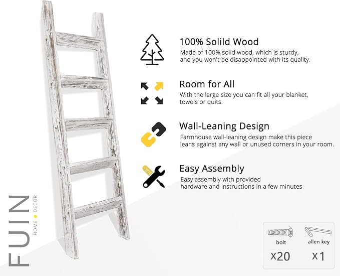 FUIN Blanket Ladder, 5ft Angled rungs Rustic Solid Wood Decor Rack, White | 5 rungs, farmhouse quilt display rack, organize towel, leaning wall, bathroom and living room use, non-knocked down side rail