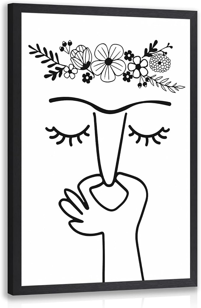 LLEEMPI Funny Pinching Nose Floral Bathroom Wall Art,16x24 Framed Print | Black and white minimalist line art with playful bathroom humor for restroom, office or hallway; a unique housewarming gift.