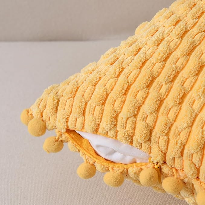 Fancy Homi Set of 2 Yellow Decorative Throw Pillow Covers 18x18 Inch with Pom-poms for Couch Bedroom Living Room, Modern Farmhouse Boho Spring Home Decor, Soft Corduroy Cute Cushion Case 45x45 cm