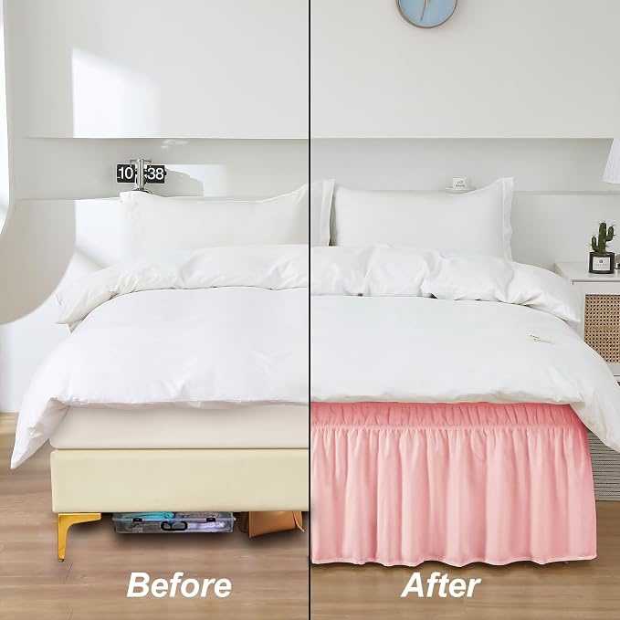 MEILA Wrap Around Elastic Bed Skirt for Queen & King Beds, 16" Drop, Pink | Three-Side Adjustable Elastic Dust Ruffle, Ruffled Polyester Fabric, Easy to Install, Fade Resistant & Machine Washable