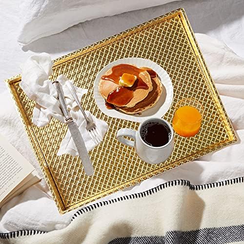 HofferRuffer Rectangle Serving Tray with Hole Handles for Coffee Table, Breakfast, Tea, Food, Butler - Countertop, Kitchen, Vanity Serve Tray, 16.2 x 12.2 x 2 inches, Faux Leather (Gold)