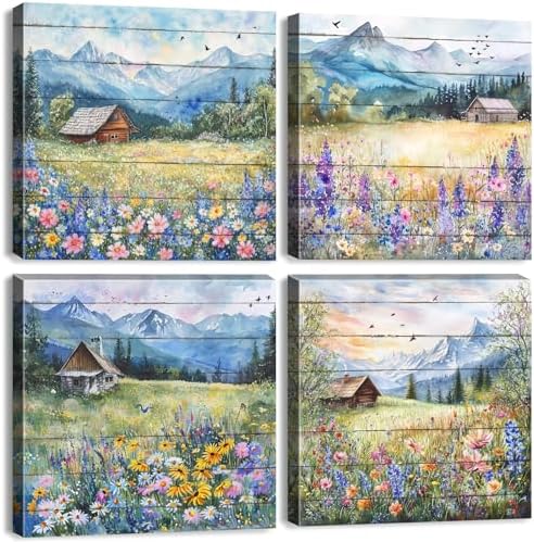 Colorful Flower Canvas Wall Art Nature Pictures Canvas Prints Country Mountain Landscape Poppy Daisy Wildflower Posters Abstract Barn Scenic Painting for Bedroom Living Room Home Decorations 16x16” 4P