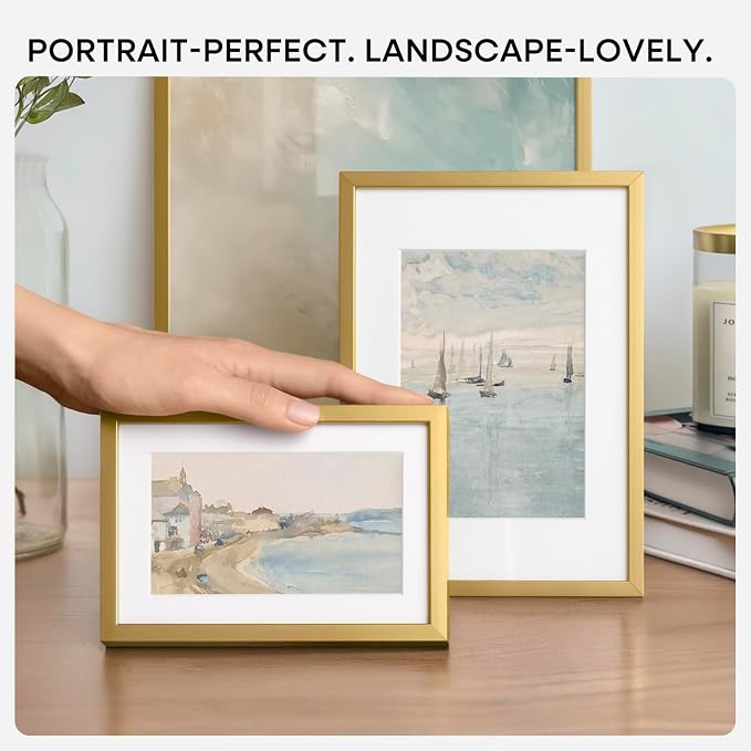 Homeforia 8.5x11 Gold Picture Frame, High-End Metal, 6x8 Mat, Glass