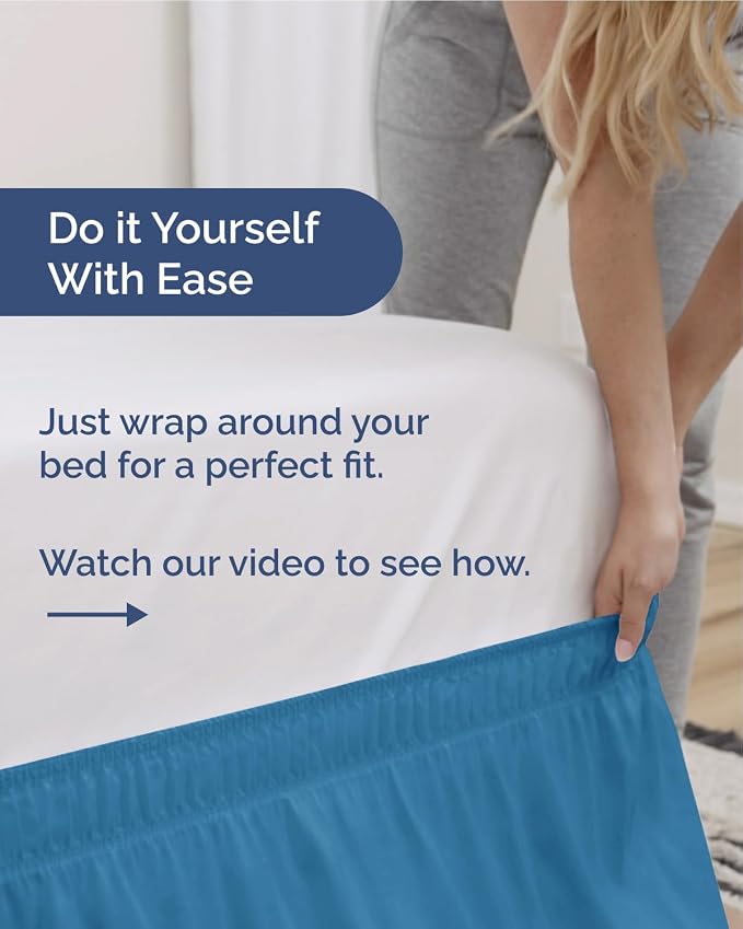 Wrap Around Dust Ruffle Bed Skirt - Denim Blue - for Twin Size Beds w/ 14 Inch Drop - Easy Fit Elastic Strap - Adjustable Pleated Bedskirt w/Brushed Fabric - Wrinkle Free - Women, Men, Kids & Teens