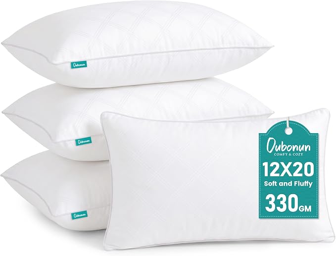 Oubonun 12x20 Inches Lumbar Throw Pillow Inserts, Pack of 4 White Soft Fluffy Plump Rectangle Cushion Stuffer Inserts for Sofa, Bed, Couch, Home Decor