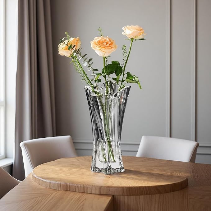 Crystal Glass Vase – Heavy Crystal Vase for Flowers with Weighted Bottom, Thick Durable Decorative Vases for Modern Home Decor, 9.8″ 3.5lb Clear Centerpiece (Smoke Gray)