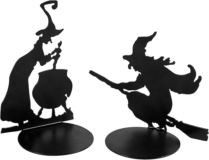 2 Set Halloween Candle Holder Spooky Witch with Cauldron Broom Black Candlestick Pedestal All Hallows Eve Table Centerpiece Table Decor