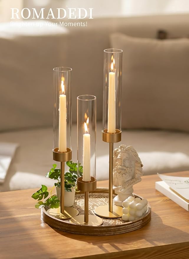Romadedi Glass Hurricane Candle Holders for Candlestick, Gold, Set of 3