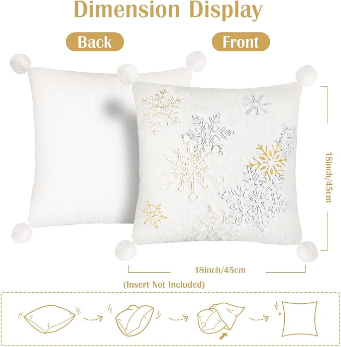 Lewondr Christmas Pillow Cover, Snowflake Embroidered, 18x18 Inch, Set of 2 | Double-Sided Faux Fur, Cozy Soft Decorative, Plush Ball, Luxury Embroidered, For Bed Home Decor Living Room