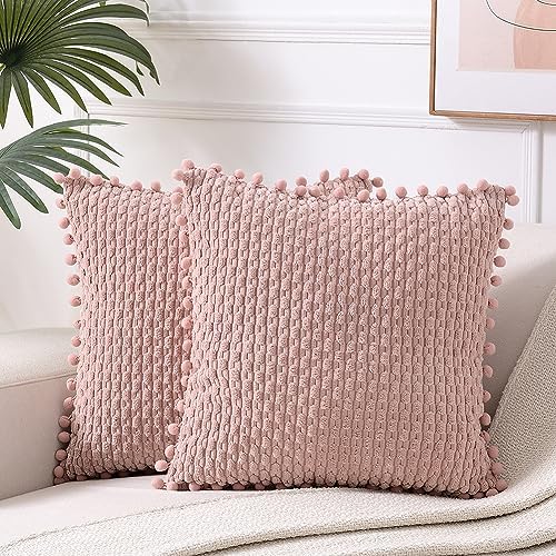 Fancy Homi 2 Packs Dusty Pink Decorative Throw Pillow Covers 20x20 Inch with Pom-poms for Couch Bed Sofa, Modern Farmhouse Boho Home Decor, Soft Cute Plush Corduroy Blush Cushion Case 50x50 CM