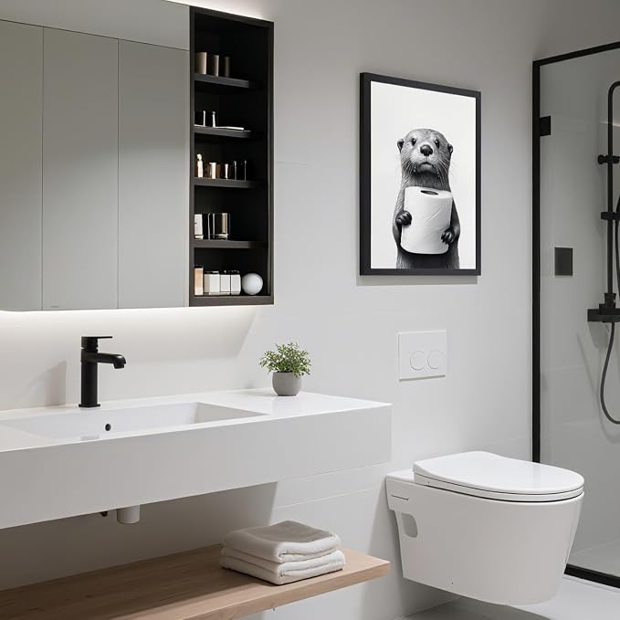 LLEEMPI Funny Otter Toilet Paper Bathroom Wall Art,16x24 Wood Framed Print | Black and white minimalist otter decor for bathroom, restroom or hallway; a funny housewarming gift for animal lovers.