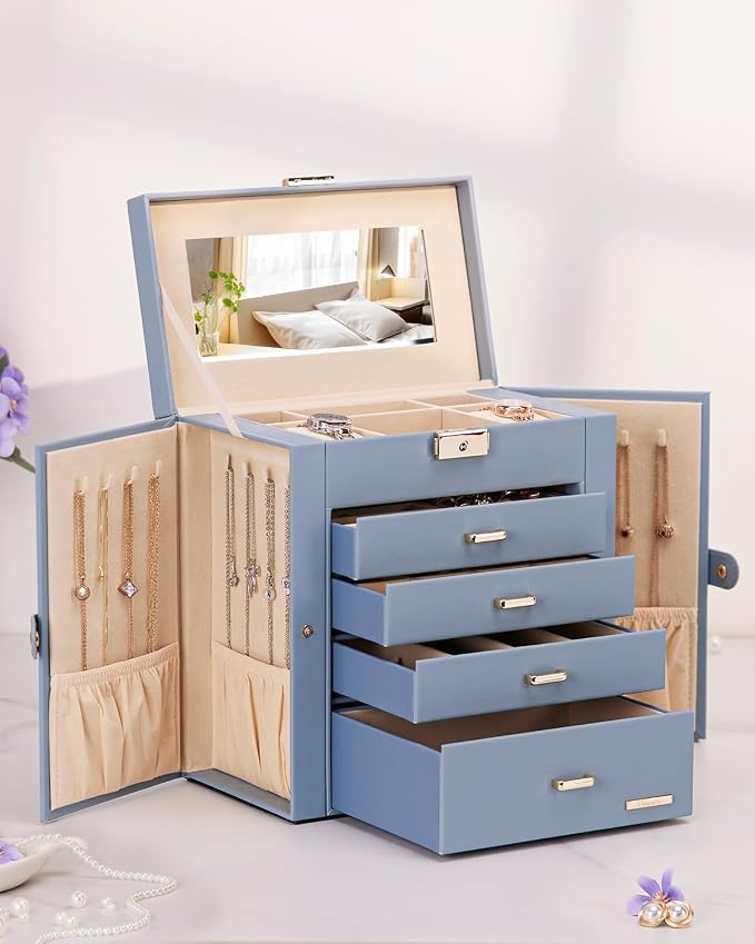 Homde Large Jewelry Box for Women: 5-Layer Organizer with Lock for Dresser | Separated Storage for Necklace Earring Ring Watch to Sort Daily Jewelry - Keep Vanities Tidy - Suitable for Birthday Gift