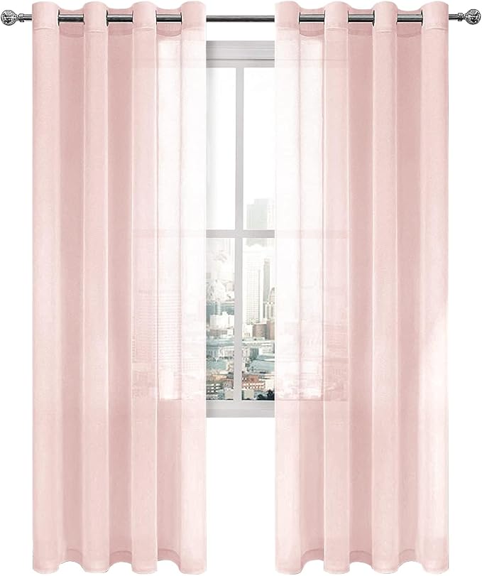 DWCN Blush Pink Sheer Curtains Bedroom Curtains Faux Linen Voile Sheer Drapes Grommet Top Window Curtain Panel 52 x 84 inches Long,Set of 2 Panels