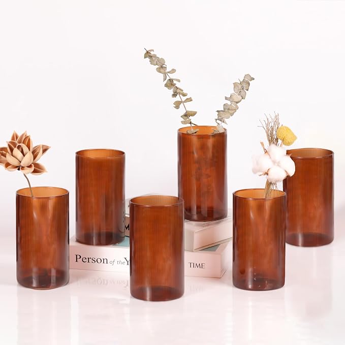 Amber Glass Cylinder Vases for Centerpieces - 6 Inch Tall Flower Vases for Wedding & Fall Decor, Floating Candle Holders for Table Centerpieces, Set of 6 Pcs