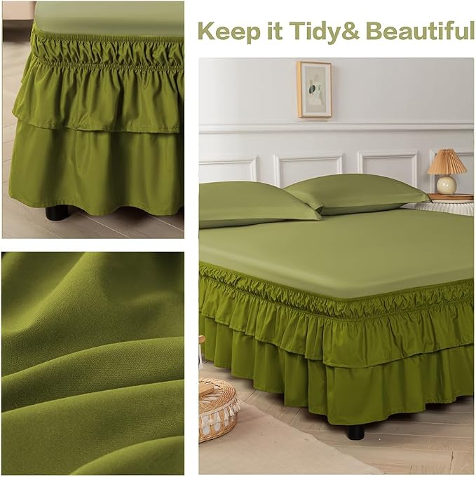 Double-Layered Ruffled Bed Skirt,Deep Sage Green,Full/Queen, 14" Drop | Wrap Around, Adjustable Elastic, 2 Layer, Machine Washable Soft Fabric, Multi Ruffle Bedskirt