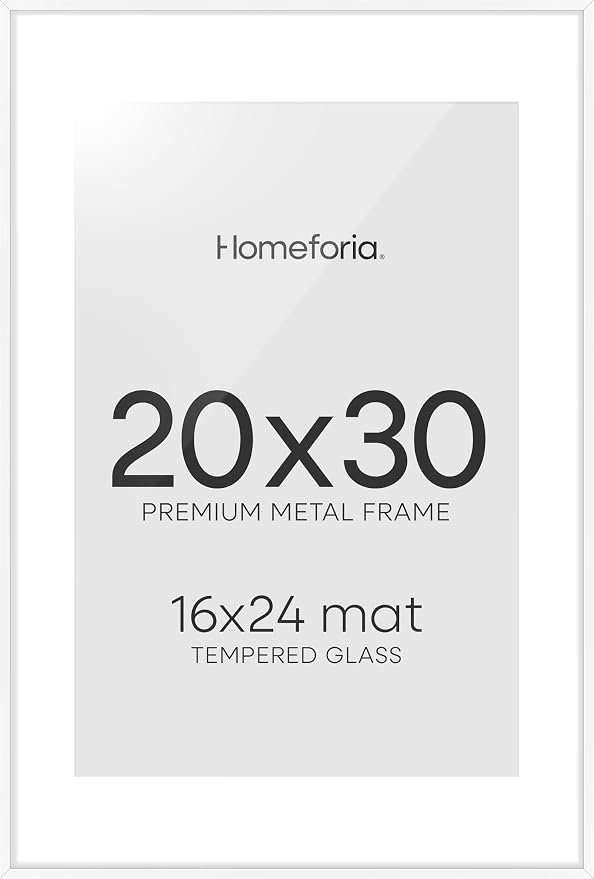 Homeforia 20x30 White Picture Frame, High-End Metal, 16x24 Mat, Glass