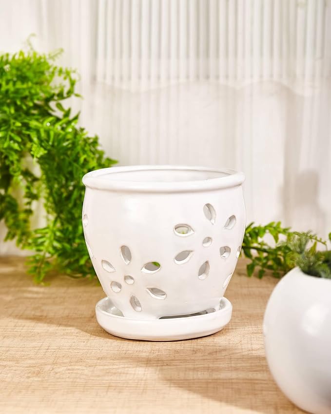 vensovo 5 Inch Ceramic Orchid Pot with Holes and Saucer, White