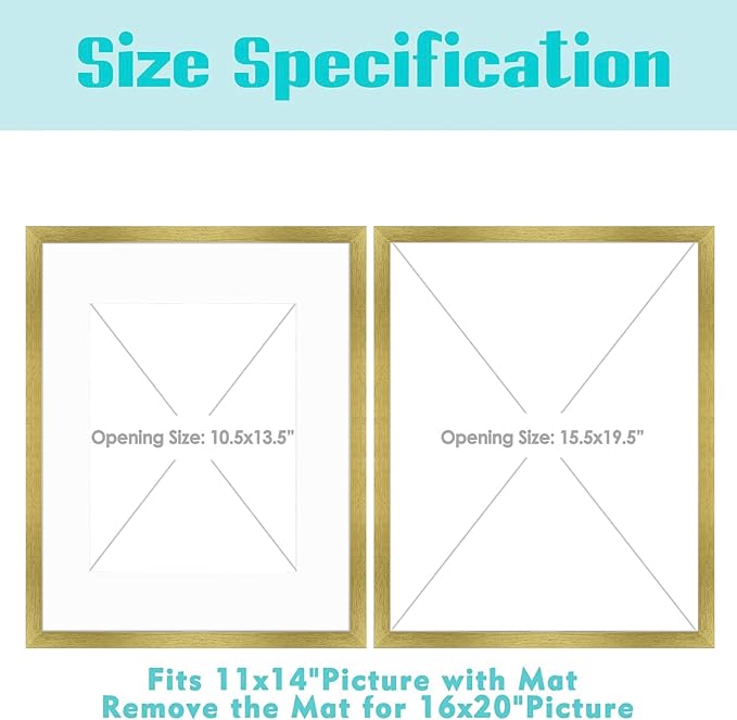Frametory 16x20 Gold Picture Frame with Real Glass Mat for 11x14
