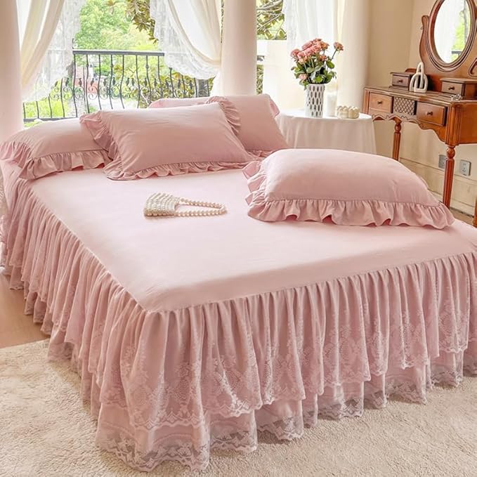 Lace Bed Skirt & Bedsheet King Size - 17 in. Drop, Easy Fit Ruffled Bedskirt Wrap Around Bedcover, Anti Wrinkle & Fade