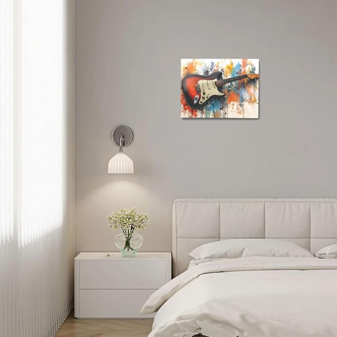 Guitar Wall Art Guitar Wall Decor Music Pictures Graffti Musical Instruments Canvas Prints Painting Artwork Splash Decoration for Music Room Bedroom Living Room Framed Gifts 12"x16"