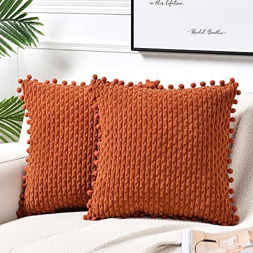 Fancy Homi Set of 2 Rust Decorative Throw Pillow Covers 18x18 Inch with Pom-poms for Couch Bed Sofa, Modern Farmhouse Boho Home Decor, Soft Plush Corduroy Terracotta Cushion Case 45x45 cm