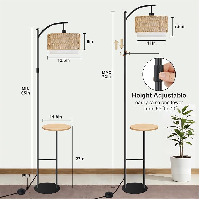 Vinaco Rattan Boho Floor Lamp with Table, Dimmable Remote & Foot Switch