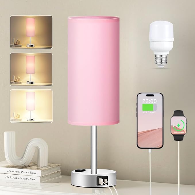 Fenmzee Pink Bedside Lamp for Bedroom, Dimmable Touch, USB A+C, AC Outlet
