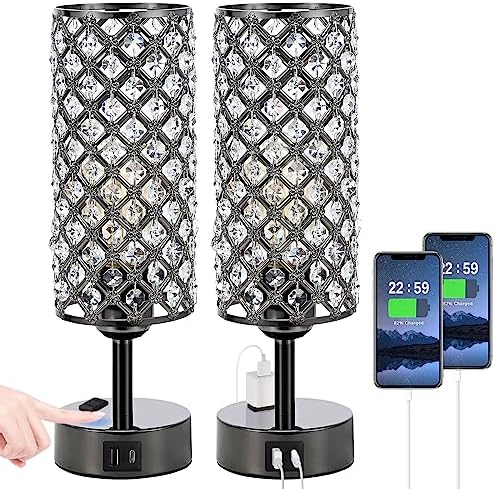 Hong-in Crystal Table Lamp Touch Control Set of 2, 3-Way Black Crystal Lamps with USB C+A Ports & AC Outlet, Dimmable Nightstand Desk Lamps,Modern Bedside Table Lamp for Bedroom(Bulbs Included)