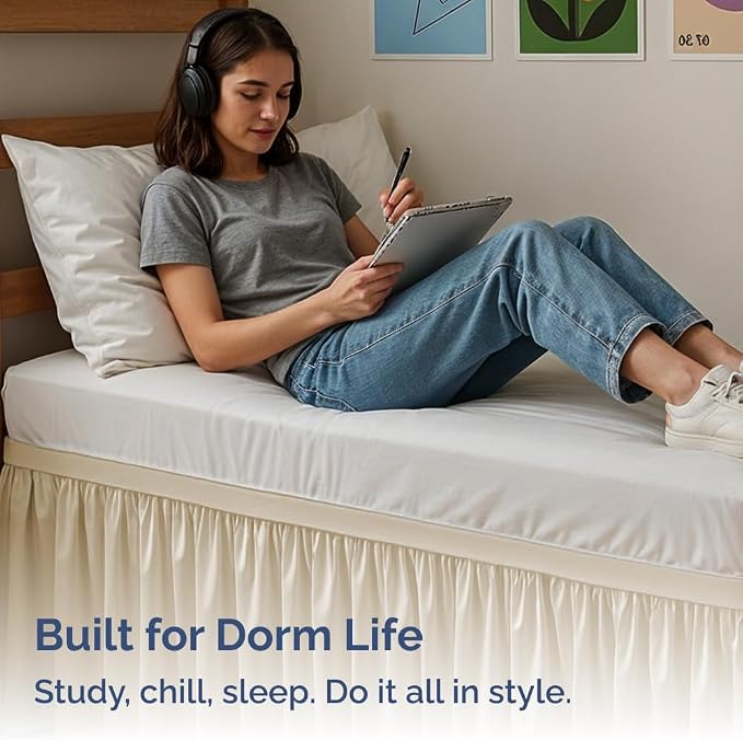 Dorm Room Bed Skirt Full XL - College Dorm Essentials - Off White, 32 Inch | Extra Long Dust Ruffled College Bedskirt with Split Corners, Easy Fit Elastic Strap, Adjustable, Fade & Wrinkle Free
