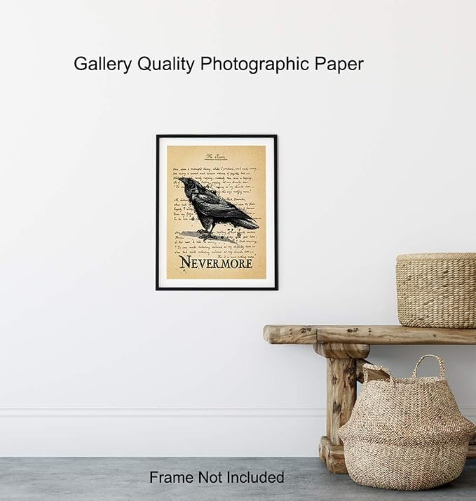 The Raven - Nevermore - Edgar Allan Poe Gifts - Goth Room Decor - Gothic Home Decor - Creepy Poetry Poem Wall Art - Vintage Rustic Decoration - 8x10 Retro Poster Print