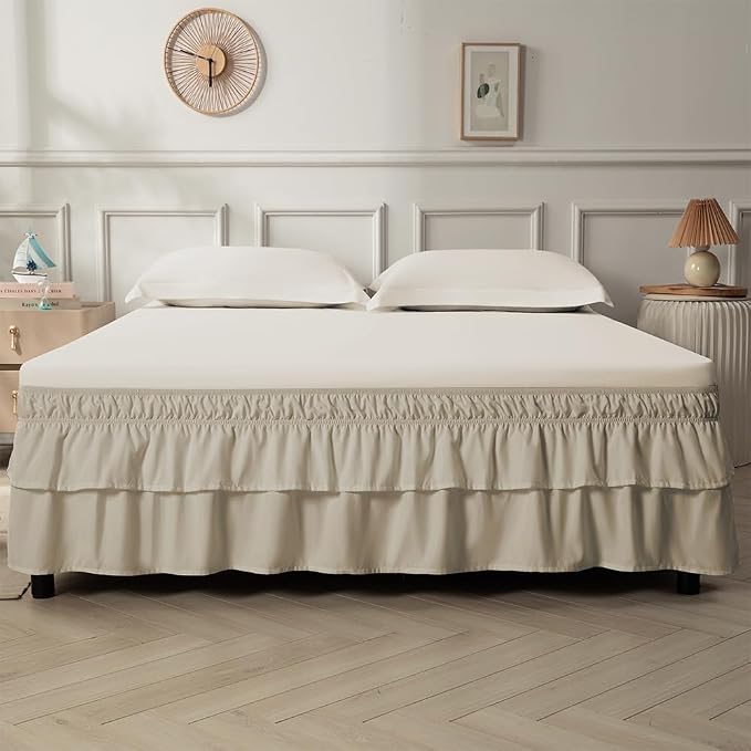 Double-Layered Ruffled Bed Skirt,Taupe,Full/Queen, 14" Drop | Wrap Around, Adjustable Elastic, 2 Layer, Machine Washable Soft Fabric, Multi Ruffle Bedskirt