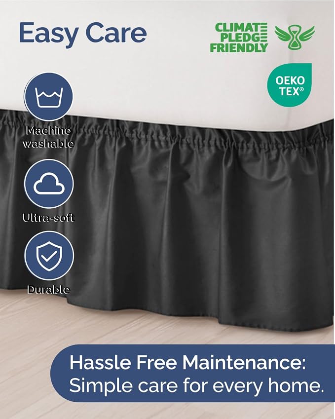 Wrap Around Dust Ruffle Bed Skirt, Full Size Beds - 14 Inch Drop, Black | Easy Fit Elastic Strap, Adjustable Pleated Bedskirt w/Brushed Fabric, Wrinkle & Fade Free, for Women, Men, Kids & Teens