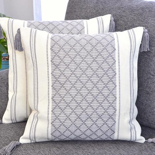 Throw Pillow Covers Gray, 20x20 inch -Set of 2 Grey/Designer Woven Boho Tassels Indoor Outdoor Checkered Cushion Covers for Couch, Patio/Farmhouse Accent Square Pillow Cases