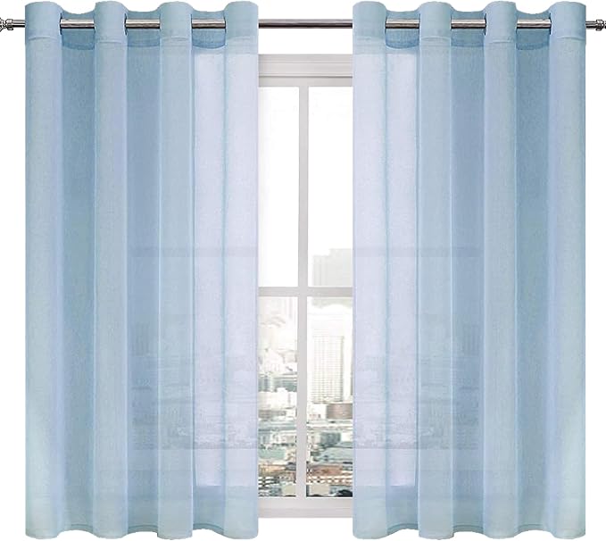 DWCN Sky Blue Faux Linen Sheer Curtains - Grommet Voile Window Curtain Drapes for Bedroom Living Room 52 x 54 inch Length, Set of 2