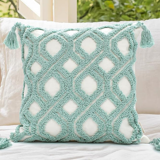 Boho Throw Pillow Covers 18x18 Tufted with Tassels, Aqua Teal