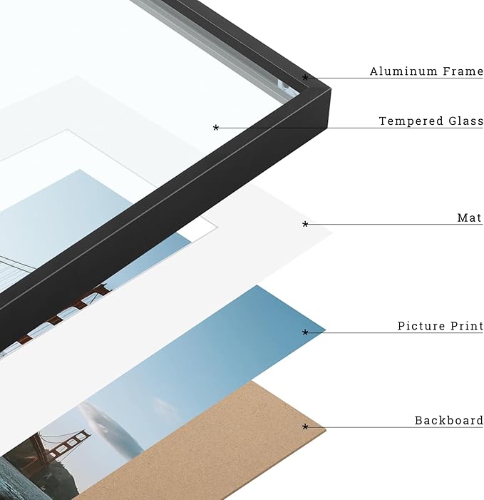 Frametory 16x24 Black Aluminum Metal Picture Frame Mat for 12x18 Glass