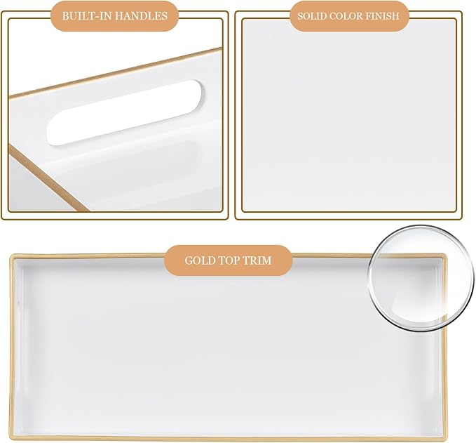 MAONAME White Vanity Tray Set of 2, Rectange Toilet Tank Trays with Handles