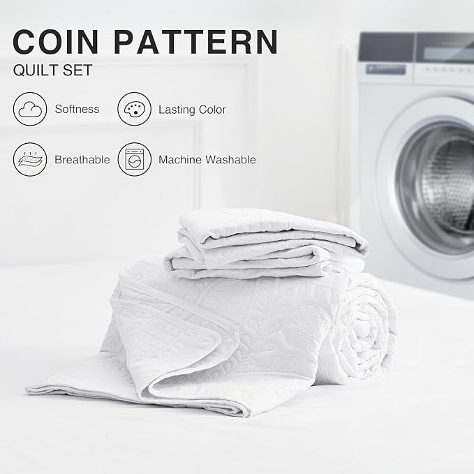 Love's cabin Quilts for Queen Bed White Bedspreads - Soft Bed Summer Quilt Lightweight Microfiber Bedspread- Modern Style Coin Pattern Coverlet for All Season - 3 Piece (1 Quilt, 2 Pillow Shams)